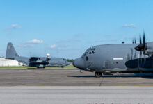 Two MC-130J Commando II aircraft taxi on the flightline at Hurlburt Field, Florida, Sept. 27, 2024. Both planes returned safely after evacuating ahead of Hurricane Helene to prevent damage and ensure they maintained mission-ready status. (U.S. Air Force photo by Airman 1st Class Raul Mercado)