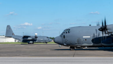 Two MC-130J Commando II aircraft taxi on the flightline at Hurlburt Field, Florida, Sept. 27, 2024. Both planes returned safely after evacuating ahead of Hurricane Helene to prevent damage and ensure they maintained mission-ready status. (U.S. Air Force photo by Airman 1st Class Raul Mercado)