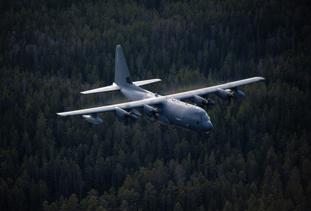 A U.S. Air Force MC-130J Commando II assigned to the 352nd Special Operations Wing performs low-flying training maneuvers during exercise Adamant Serpent 25, Sweden, Nov. 19, 2024. The training goals of Adamant Serpent 25 are to strengthen the relationship between Swedish armed forces and U.S. special operations forces and demonstrate the combined military capabilities of ready and postured NATO units in the High North region. (U.S. Air Force photo by Airman 1st Class Cody J. A. Mott)