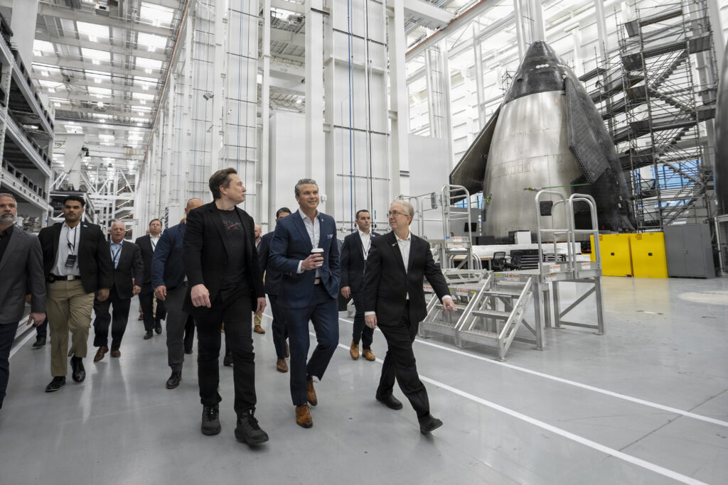 Secretary of War Pete Hegseth tours SpaceX facilities with SpaceX CEO Elon Musk as part of his Arsenal of Freedom Tour, Brownsville, Texas, Jan. 12, 2025. (DoW photo by U.S. Navy Petty Officer 1st Class Alexander Kubitza)