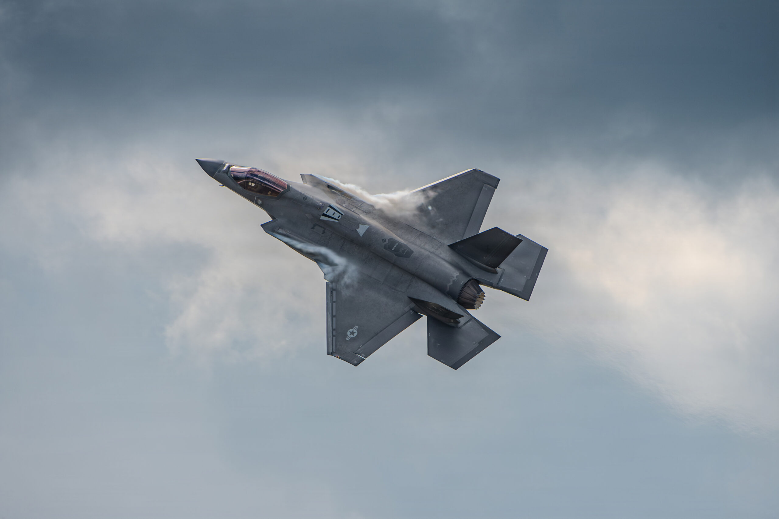 A U.S. Air Force F-35A Lightning II, assigned to the 158th Fighter Wing, takes off from Burlington International Airport in South Burlington, VT, March 11, 2026. The jets took off for routine training to ensure mission readiness. (U.S. Air National Guard photo by Airman 1st Class Raymond LaChance)