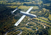 Indra’s TARSIS unmanned aerial system in flight over mountainous terrain. Photo: Indra