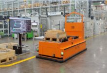 Hanwha Aerospace’s smart factory in Changwon, South Korea, uses automated guided vehicles and robotic production systems. Photo: Hanwha