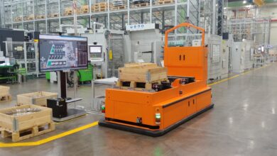 Hanwha Aerospace’s smart factory in Changwon, South Korea, uses automated guided vehicles and robotic production systems. Photo: Hanwha